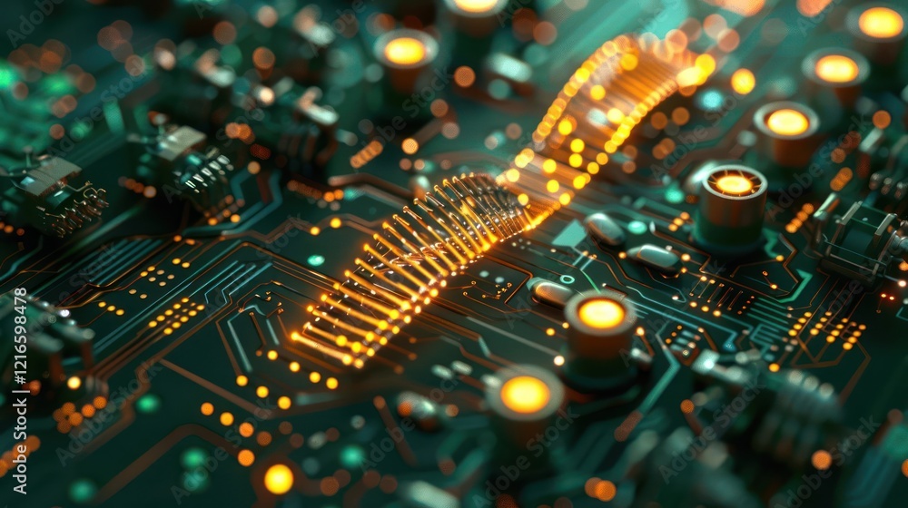 Poster close-up view of a vibrant circuit board showcasing intricate connections and glowing components