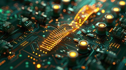 Fototapeta premium Close-up view of a vibrant circuit board showcasing intricate connections and glowing components