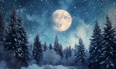 Naklejka premium Full Moon Night in Snowy Winter Forest - Watercolor Painting of Serene Nature Scene with Starry Sky and Snow-Covered Trees, Generative AI