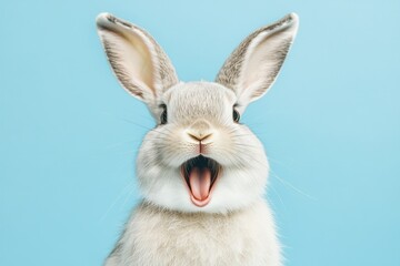 Obraz premium adorable bunny rabbit with mouth open on blue background