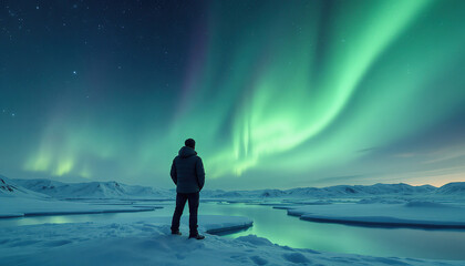 Fototapeta premium Aurora Borealis Green fluor Northern Lights and silhouette man watching. Winter landscape with polar weather in Arctic, Norway,Canada,Finland,Iceland, Sweden. Starry night sky scenery background 4k