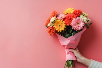 A hand holding a pink paper cone with flowers inside, on a solid background
