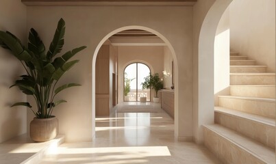 Fototapeta premium Minimalist Interior Design with Arched Doorways, Natural Textures, and Neutral Colors