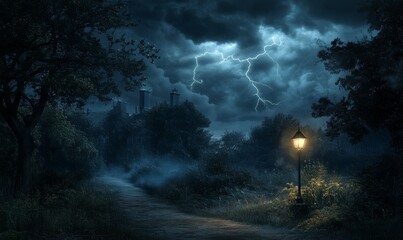 Fototapeta premium Lightening illuminates the night landscape with eerie glow, outdoor scene, natural phenomena, atmospheric conditions, , nighttime illumination