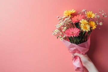 A hand holding a pink paper cone with flowers inside, on a solid background