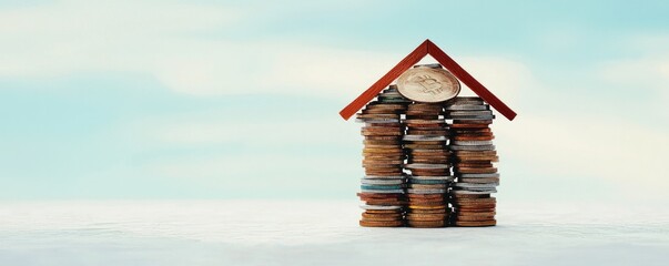 Household debt mortgage concept. A creative representation of a house built from stacked coins, symbolizing savings, investment, and financial growth against a serene background.