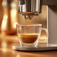 freshly brewed espresso pouring into a glass mug from a modern coffee machine