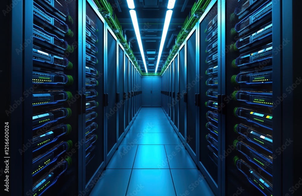 Aufkleber Modern server room shows organized tech infrastructure. Network cabling structured with neatness. Dark tech equipment racks arranged in row. Efficient layout, organized data center. Data system well