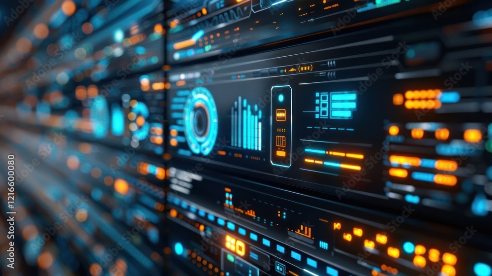 Poster futuristic data center with glowing panels, visualizing information and analytics in action