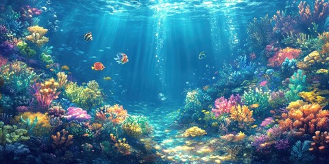 Naklejka premium Vibrant Coral Reef Underwater Scene With Colorful Fish