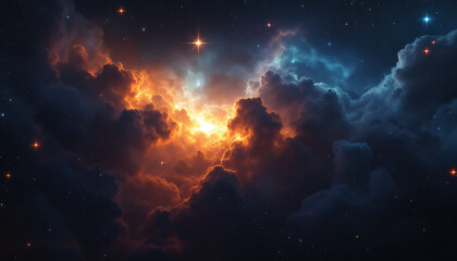 Fototapeta premium Galaxy space flight exploration space rock scence at NGC 346. 4K looping animation of flying through glowing nebulae, clouds and stars field. 