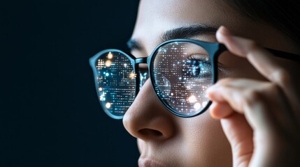 Close up of a woman wearing glasses reflecting a futuristic stream of digital data, suggesting augmented reality, advanced technology, and vision of the future