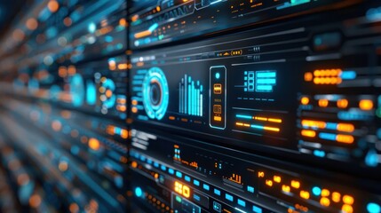 Futuristic data center with glowing panels, visualizing information and analytics in action