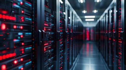 Futuristic data center with glowing servers, showcasing advanced technology and digital infrastructure