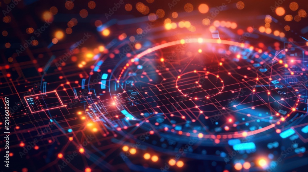 Poster futuristic abstract digital landscape with glowing circuits and vibrant colors in a tech environment