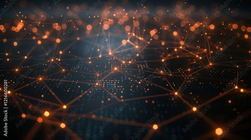 Poster abstract digital network with glowing orange nodes and connections on a dark background