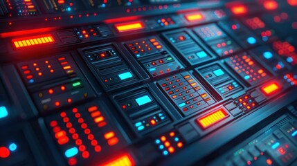 Futuristic server room with illuminated panels and intricate wiring, showcasing advanced technology