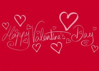 Red and pink heart shapes for romantic greeting card. Happy Valentine's Day holiday lettering. Drawn text for card, banner, poster design and social media post.