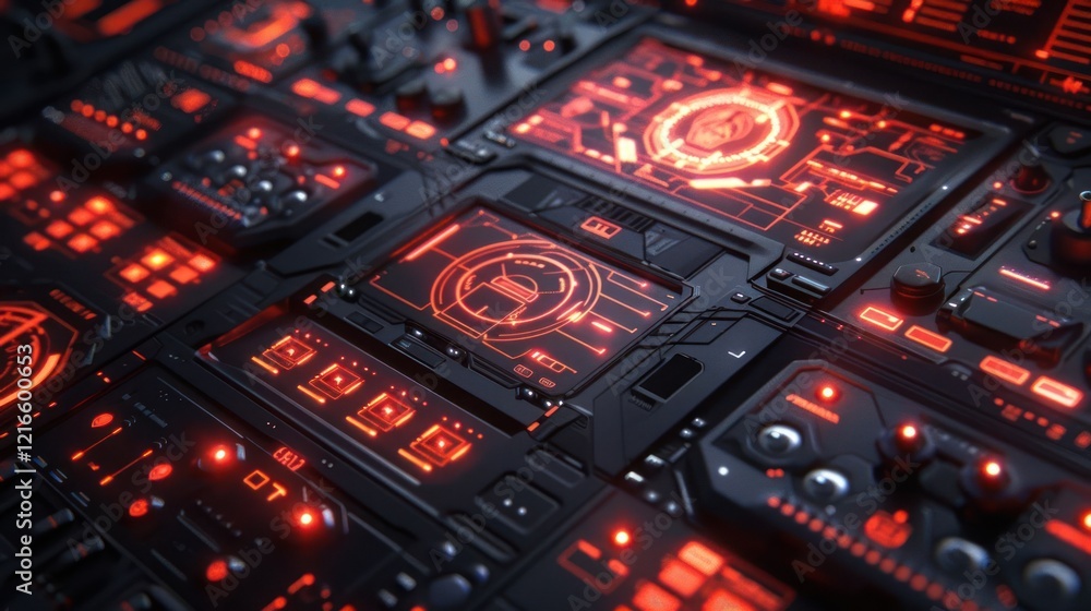 Poster futuristic control panel with glowing red interfaces and intricate technology design