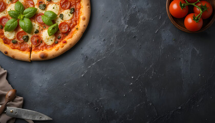 Homemade pizza on a black stone background. Italian cuisine. Top view. Free space for your text.

