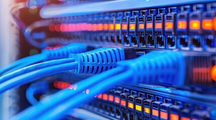 Close-up view of network cables connected to a server rack with illuminated indicators