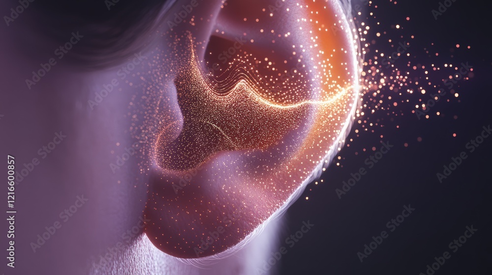 Poster golden particles flowing into the ear canal, representing sound waves creating vibrations on eardrum