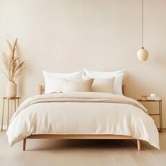 Minimalist bedroom with warm cream walls, a wood frame bed, and subtle brass decor