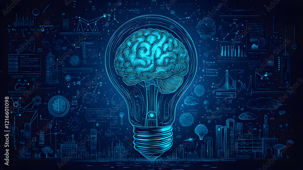 Aufkleber glowing brain lightbulb: digital innovation and data-driven growth