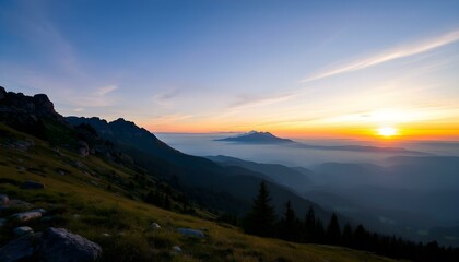 Naklejka premium Mountain landscape at sunset