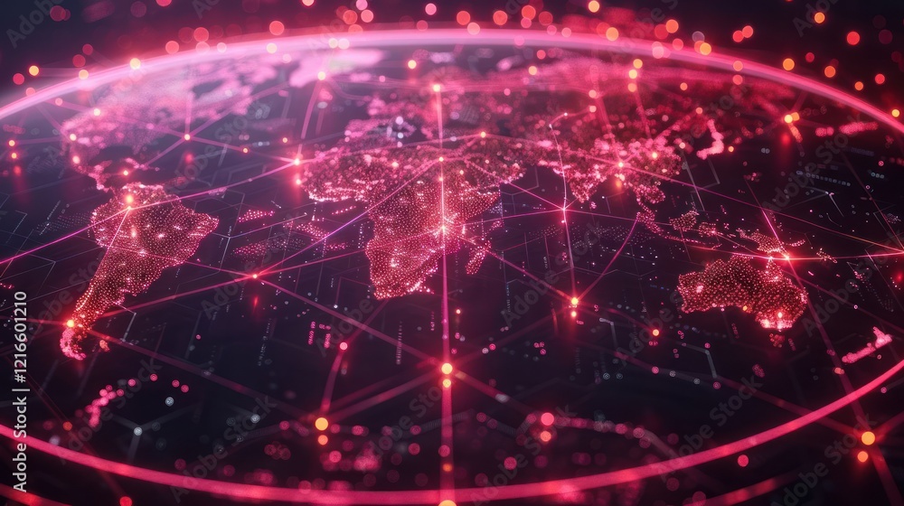 Poster abstract digital world map illuminated with red lines and nodes, showcasing global connectivity