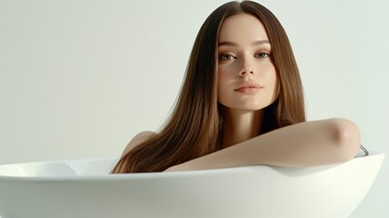 Obraz premium Woman with long straight hair in bathtub