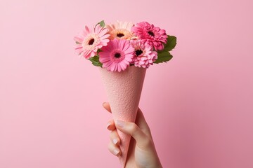A hand holding a pink paper cone with flowers inside, on a solid background