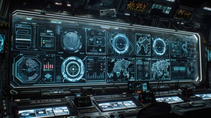 Futuristic control room with digital displays, monitoring global data and analytics in action