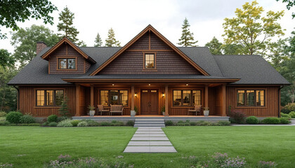 Obraz premium ranch style house with wood siding and a large front porch made with generative ai