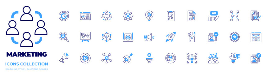 Marketing icon collection. Bold line style. Duotone colors. aim, market research, network, megaphone, strategy, focus, connection, scheme, rocket, filter, idea, new product, observation