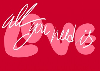 Red and pink heart shapes for romantic greeting card. Happy Valentine's Day holiday lettering. Drawn text for card, banner, poster design and social media post.