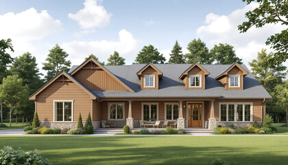 ranch style house with wood siding and a large front porch made with generative ai