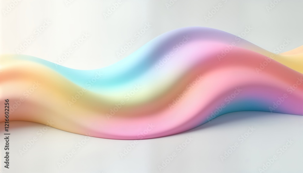 Poster Abstract curved shape with pastel rainbow gradient colours on white background. Smooth flowing lines create soft liquid effect. Modern design for use as wallpaper background website template. Looks