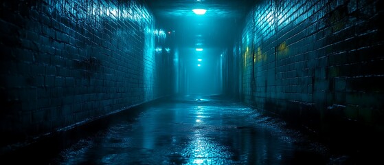 Dark, wet, urban alleyway at night.