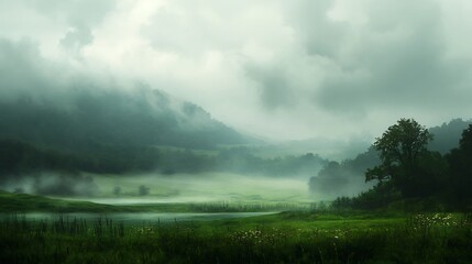 Misty Morning Landscape With River