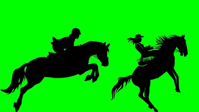 Jockey Riding a Horse on a green background. Cow girl horse riding cut out.
