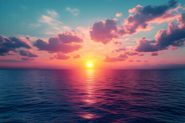 Fototapeta premium Vibrant Sunset over Calm Ocean Waters, Pink and Purple Hues