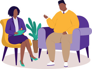Overweight Black Man Sitting On Couch And Talking To His Psychologist During A Psychotherapy Session.