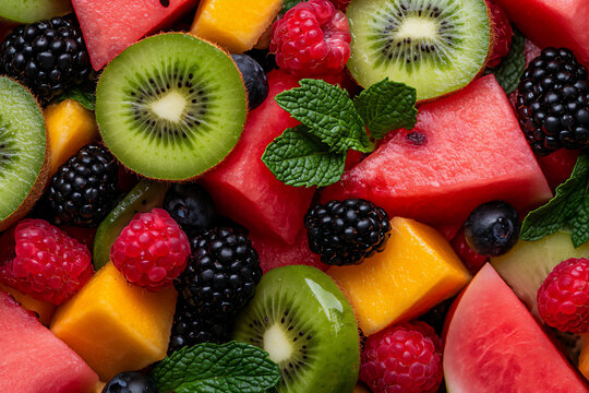  a refreshing summer fruit salad with a mix of colorful fruits like waterm