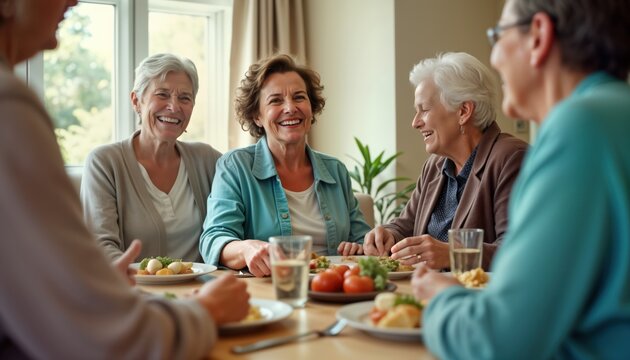 Senior friends enjoy lunch together in nursing home dining room. Communicating, laughing. Happy seniors enjoy meal together. Focus on cheerful woman. Positive atmosphere. Group of mature friends.