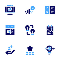 Marketing icon set. Bold style. Duotone colors. checklist, poster, goal, marketing, promotion, exchange ideas, follower, star