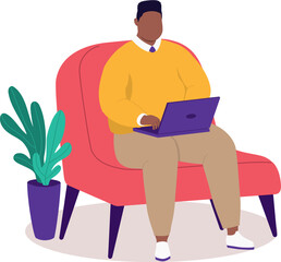 One Plus Size Black Man With Laptop Sitting On Sofa And Working At Home.