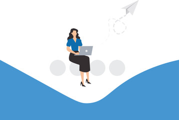 Customer relationship management, CRM, chatbot or automatic messages for customers, smart businesswoman managing customer chat using laptop while sitting on big speech bubble