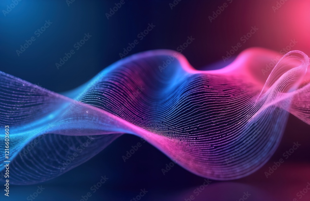 Poster Abstract wavy lines create dynamic motion. Neon purple, blue colors blend harmoniously to create intricate design. Fluid, energetic style suggests innovation, technology. Ideal for modern digital