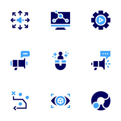 Marketing icon set. Bold style. Duotone colors. marketing, viral marketing, megaphone, making friends, strategy, vision, logotype